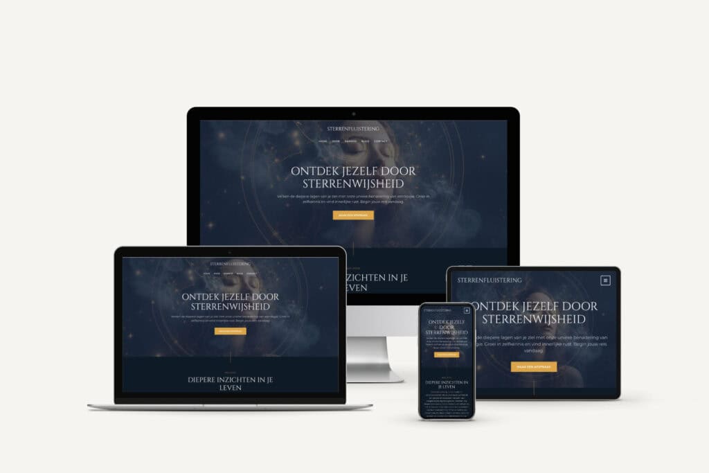 Website weergave op verschillende apparaten met sterrenbeeld thema.