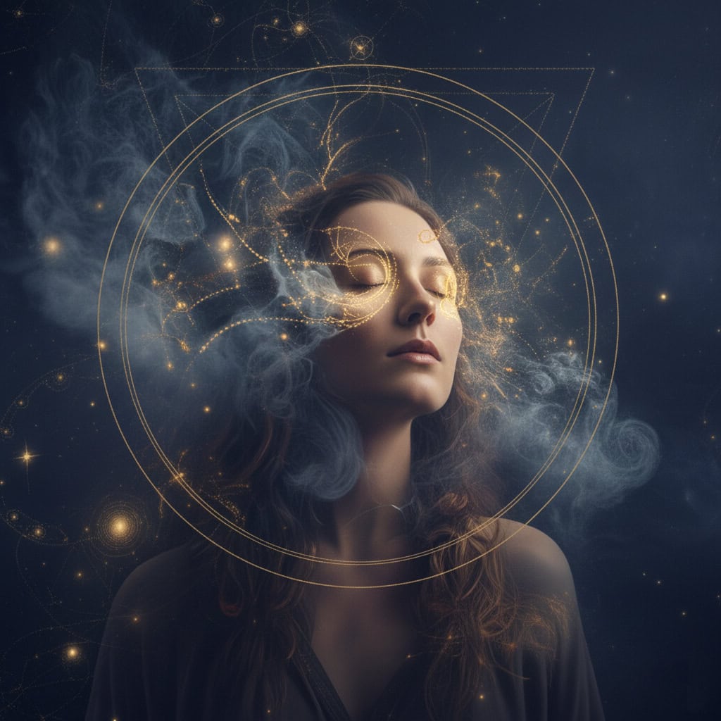 Mystieke vrouw met sterren en energie rond haar hoofd, symboliseert diepe spirituele inzichten.