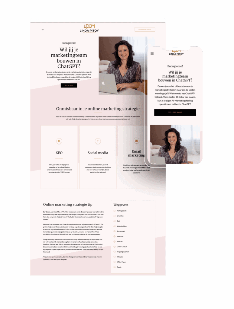 Linda Pitoy online marketing expert met laptop en smartphone.