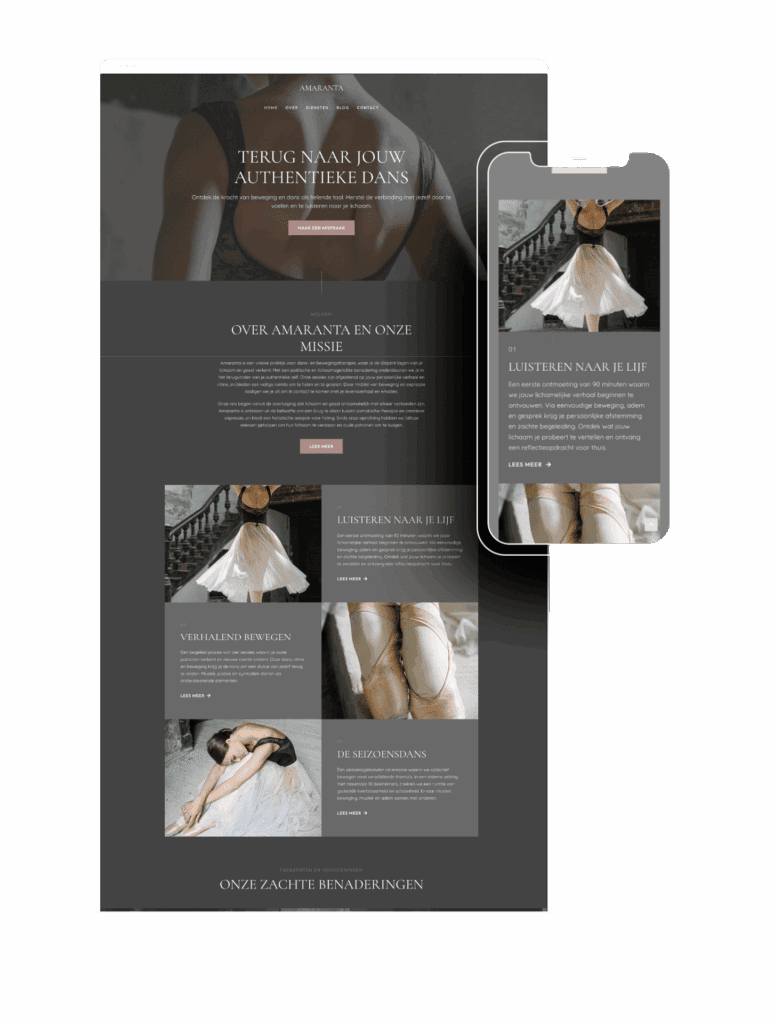 Elegante dansfoto van Amaranta in witte jurk op trap.