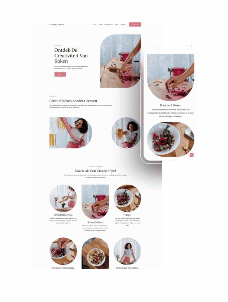 Creatieve keuken met bloem en keukengerei voor 'Cucina artistica'.