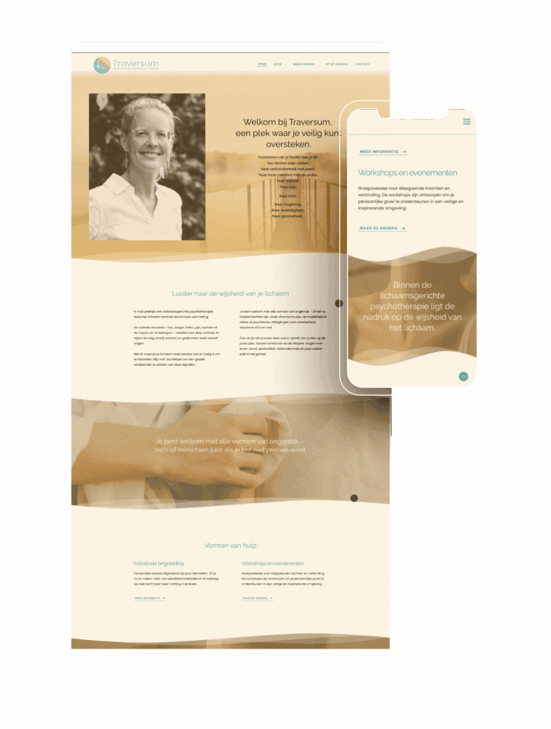 Website van Traversum met informatie over lichaamsgerichte therapie en workshops voor persoonlijke g.
